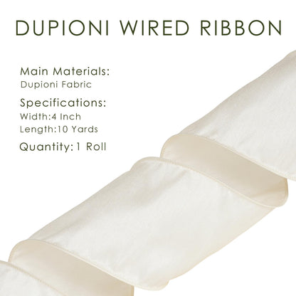 LaRibbons Ivory Ribbon Wired 4 Inch x 10 Yards Dupioni Ribbon with Wired Edge for Wreaths, Bows and DIY Decorations