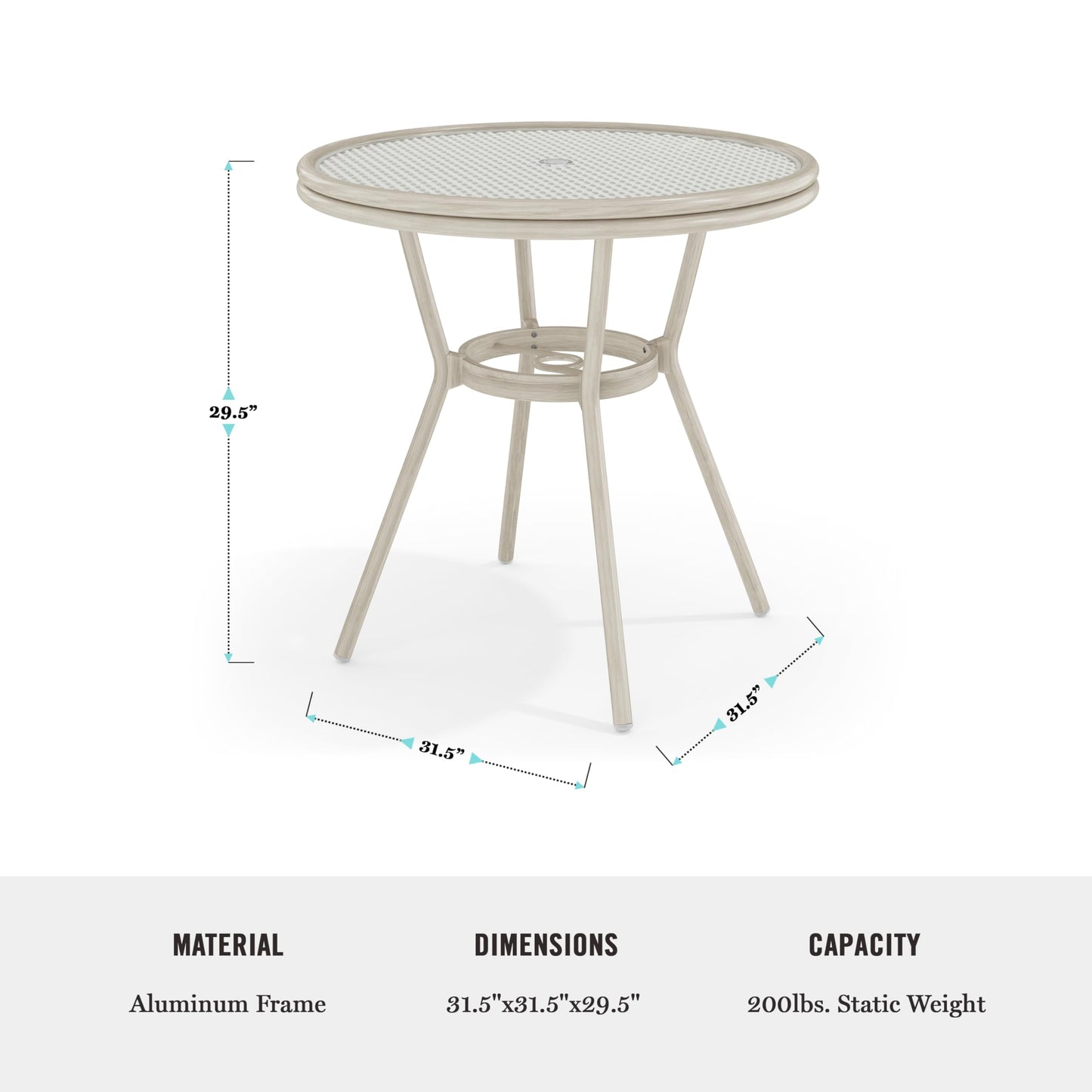 Martha Stewart Lily Pond 31” Round Indoor-Outdoor Bistro Dining Table with Aluminum Frame in Gray Woodgrain and Rattan Top in White/Gray with Tempered Glass Top