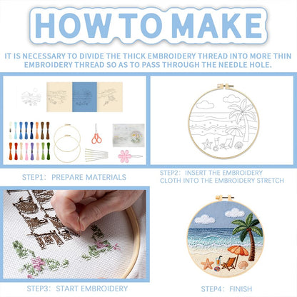 FREEBLOSS 4 Set Embroidery Kit for Beginners Adult Beach Stamped Embroidery Starter Kit with Instructions Needlepoint Accessories and Supplies for Craft Lover Hand Stitch, 2 Hoops 11.6"/29.5cm