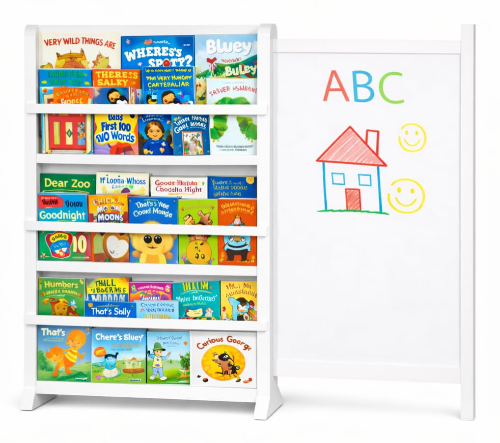 OurNest Kids/Baby Bookshelf Magnetic Sliding Whiteboard & Markers H-31–Three Tier Front-Facing Wooden Toddler for Reading, Creativity & Montessori–Nursery, Playroom & Classroom– Easy Assembly.