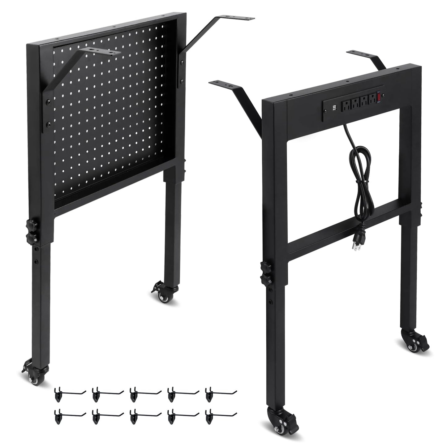 Adjustable Height Workbench Legs with 4 Metal Wheels, Sturdy Industrial Furniture Table Legs with one Pegboard Panel, Perfect for Rolling Work Table and Work Bench