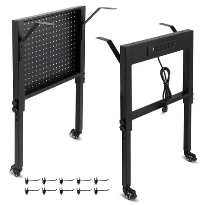 Adjustable Height Workbench Legs with 4 Metal Wheels, Sturdy Industrial Furniture Table Legs with one Pegboard Panel, Perfect for Rolling Work Table and Work Bench