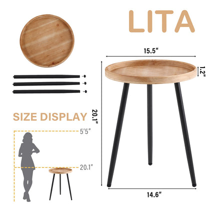 LITA Log Desktop Round Side End Table, Indoor Outdoor Wooden Tray Nightstand Table with Metal Stand for Living Room Bedroom Office Small Spaces (M)