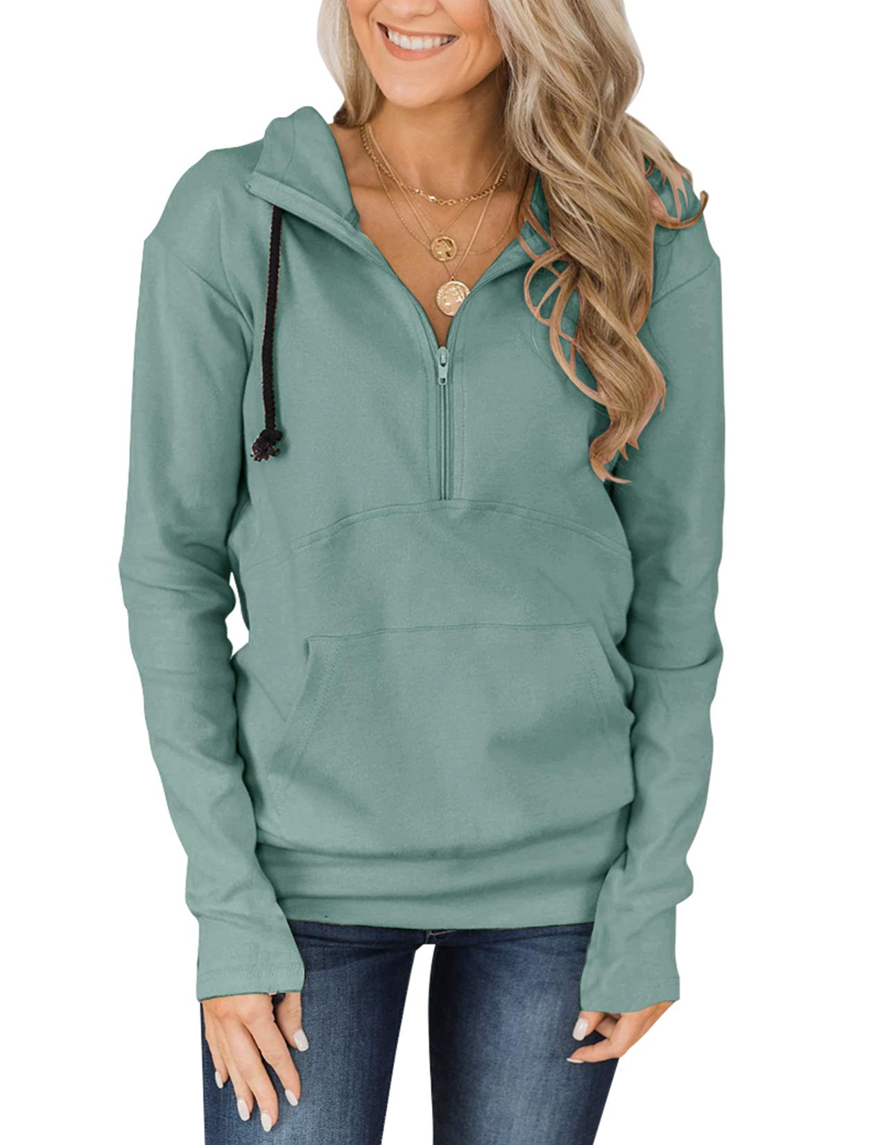 Fallorchid Womens Quarter Zip Pullover Hoodies Casual Long Sleeve Sweatshits with Pocket (Mint, Small)