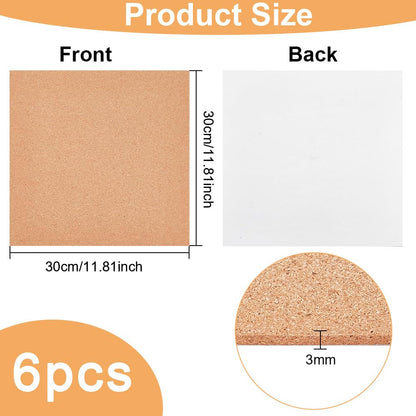 BENECREAT 6 Pack 12x12 Back-Adhesive Cork Sheets 3mm Thick Rectangle Insulation Cork Backing Sheets for Coaster, Wall Decoration, Wedding Party, Festival DIY Crafts Supplies
