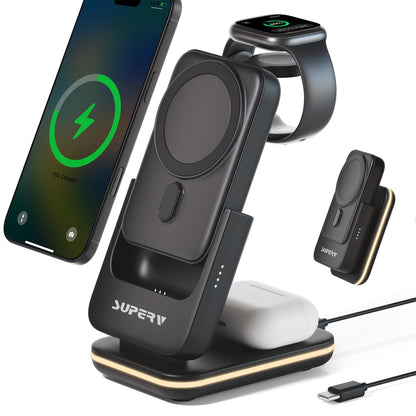 SUPERV 4 in 1 Wireless Charging Station: 5000mAh Removable Power Bank Foldable Charging Stand - Portable Magnetic Battery Pack for iPhone 17/16/15/14/13/12 Series and Apple Watch/AirPods (Black)