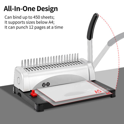 Comb Binding Machine, 21-Hole, 450 Sheets Capacity, Punch up to 12 Sheets,Punch Comb Binder Machines for Letter Size A5/A4 Paper with 100pcs 1/4" Binding Spines