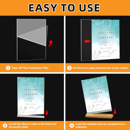 QLKGWEA 3 Pack Acrylic Sign Holder 8.5 x 11 Inch, Wood Base Signs Stand for Menu Flyer Display, Table Clear Plastic T Shape Holder for Stores, Restaurants, Hotels, Office
