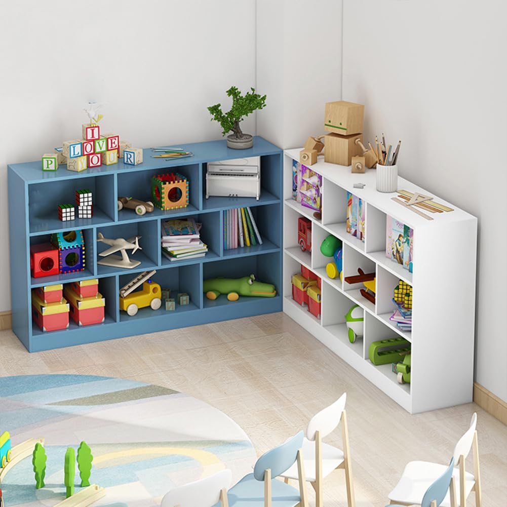 IOTXY Open Shelf Low Bookcase - Wooden 3-Tier Floor Standing Display Cabinet Organizer with Base, 7 Cubes Short Horizontal Bookshelf in Pear Yellow