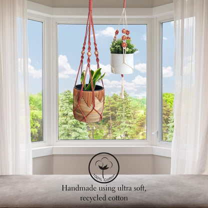 Set of 2 Macrame plant hanger with Daisies & Beads | Hanging plant holder Macrame Plant hangers outdoor and indoor hanging planters Plant stand indoor Boho Decor hanging planter stand (Cafe Latte)