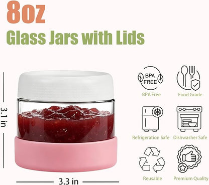 JohnBee 6-Pack 8 oz Glass Overnight Oats Containers with Airtight Lids and Silicone Sleeves - Wide Mouth Jars for Salad, Yogurt, pickles, Snacks, Spice & Sugar - Leakproof Glass Food Storage Jars