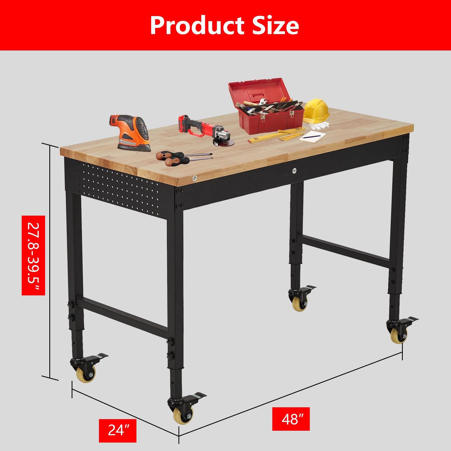 Garage Workbench with Rubber Wood Top, 48×24 Inch Heavy-Duty Workbench Workstation, 2000LBS Loading Capacity, Tool Storage Table, Locking Wheels, for Workshop, Garage, DIY Projects, Black