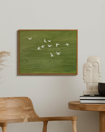 Peaceful Landscape 12x16 Zen Framed Canvas Wall Art, Abstract Minimalist Green Nature Print with Flying White Birds Painting, Modern Bedroom Office Home Farmhouse Calming Spaces Decor