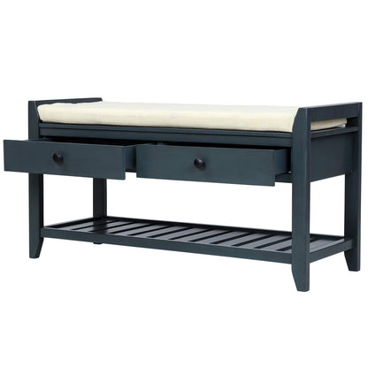 SPOFLYINN Shoe Bench, Entryway Storage Benches with Cushion Seating and Storage Drawers, Multipurpose Wooden Shoe Bench with Bottom Shelf for Entryway Hallway Living Room Bedroom Antique Navy