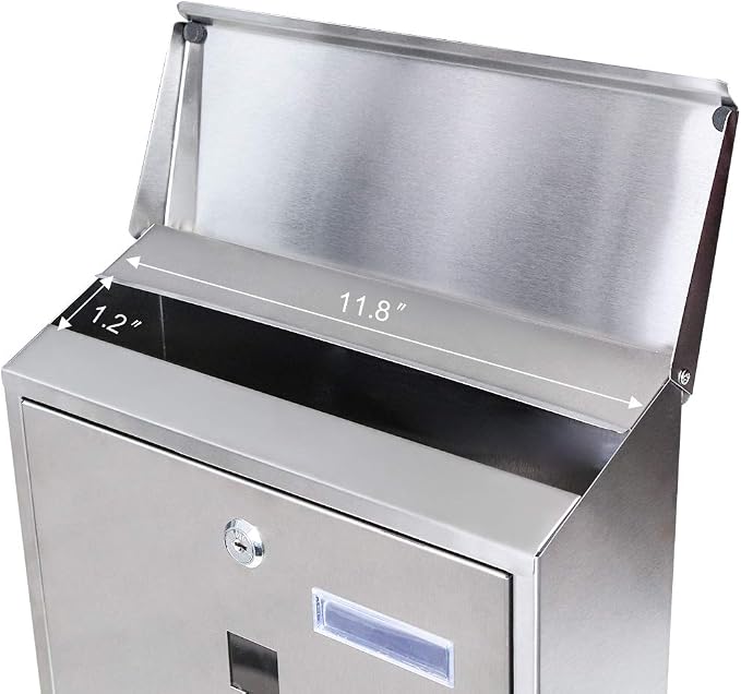 Decaller Stainless Steel Mailbox with Key Lock, Metal Wall Mount Rust-Proof Mail Box with Newspaper Compartment for Outside, 15.4" x 12" 4.8", 2203 Silver