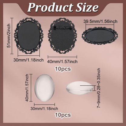 PH PandaHall 10 Sets Brooch Cabochon Making Kit, 40x30mm Vintage Oval Brooch Bezel Blank Photo Brooches Memorial Photo Pins with Clear Glass Cabochons for Jewelry Making Wedding Party, Black