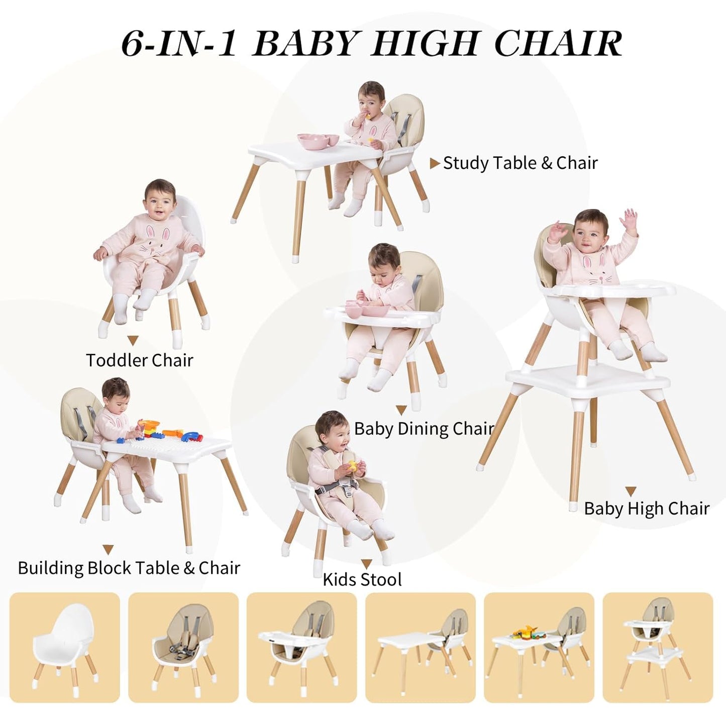 6 in 1 High Chair for Babies & Toddlers, Convertible Wooden Baby Highchair, Table and Chair Set, Baby Feeding Chair, 5-Point Adjustable Harness/4-Position Removable Tray& PU Seat Cushion(Beige)