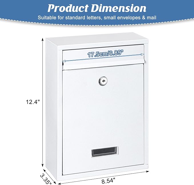 KYODOLED Locking Wall Mount Mailbox with Key Lock, White | Heavy-Duty Steel, Secure Drop Box for Letters, Cash & Cards, Weather Resistant, Home, Office & Apartment Use