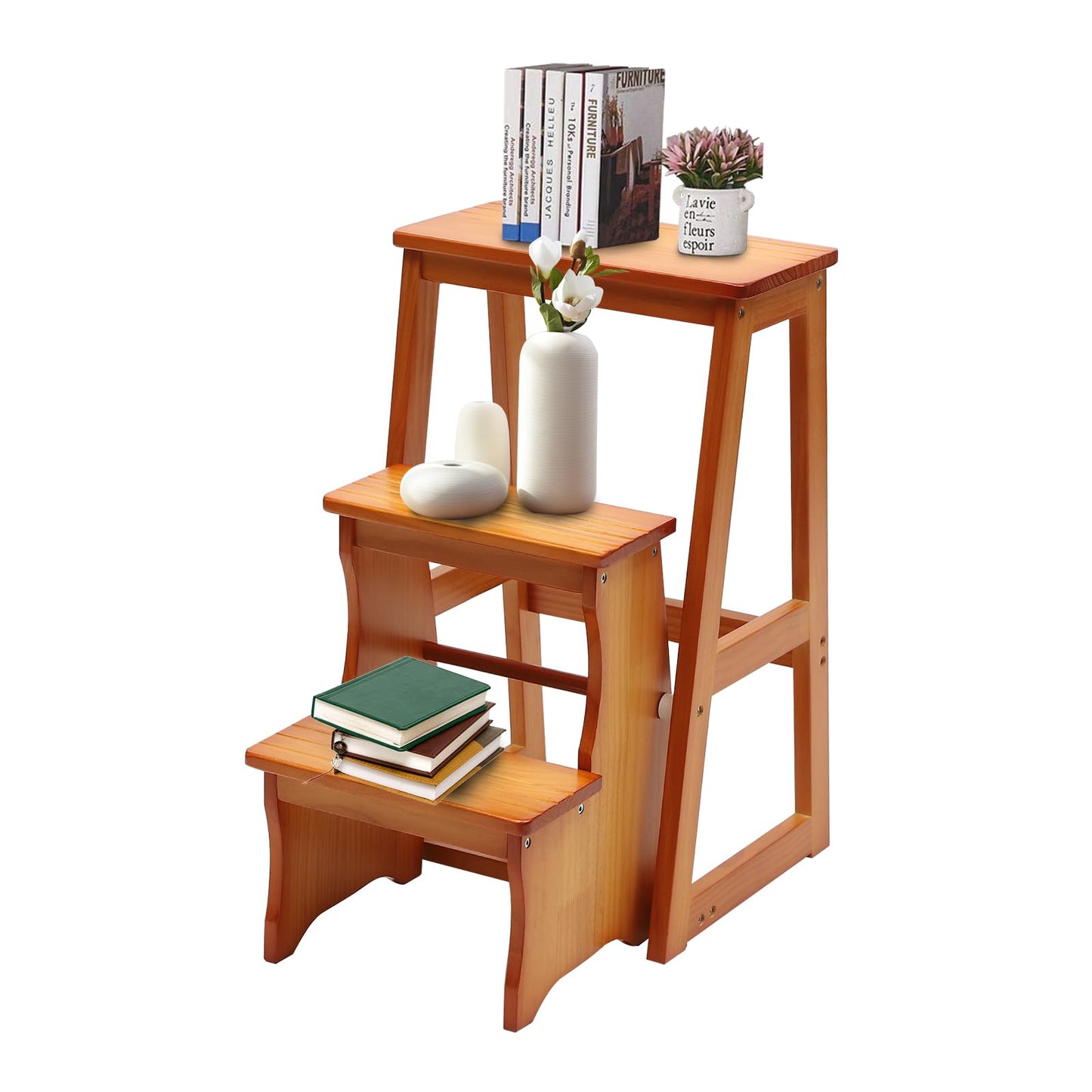 Folding Library Ladder Chair, 3-Step Stool Stepladders Lightweight Portable Multi-Functional Wood Step Ladder for Home,Kitchens, Garages (Honey)