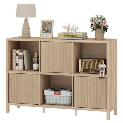 FATORRI 6 Cube Horizontal Bookshelf with 3 Doors, Modern Wood Book Shelf with Storage, Low Cubby Bookcase for Home Office (Light Walnut)