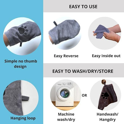 Penny & Niko Microfiber Pet Towel Mitts - Paw Cleaning and Drying Mitts/Gloves for Dogs and Cats (Gray, Standard - 4 Pack)