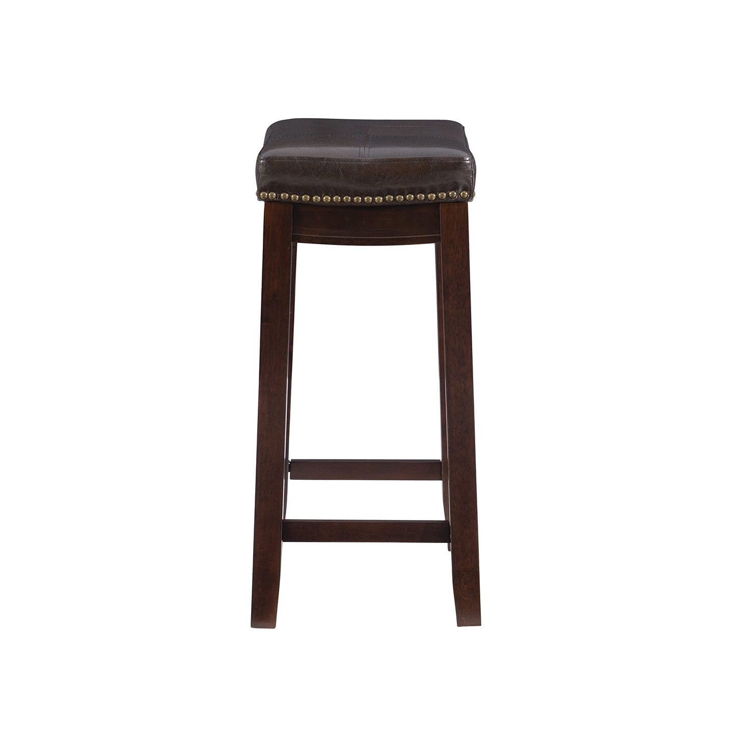 Linon Kingston Brown Wooden Backless 26.5 Inch Seat Height Counter Stool with Brown Faux Leather Upholstered Seat and Nailheads
