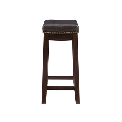 Linon Kingston Brown Wooden Backless 26.5 Inch Seat Height Counter Stool with Brown Faux Leather Upholstered Seat and Nailheads