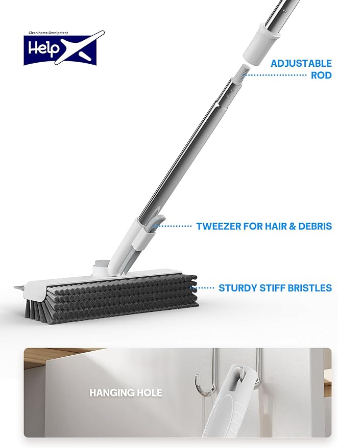Floor Scrub Brush with Long Handle, 3 in 1 Scrape and Heavy-Duty Stiff Bristle
