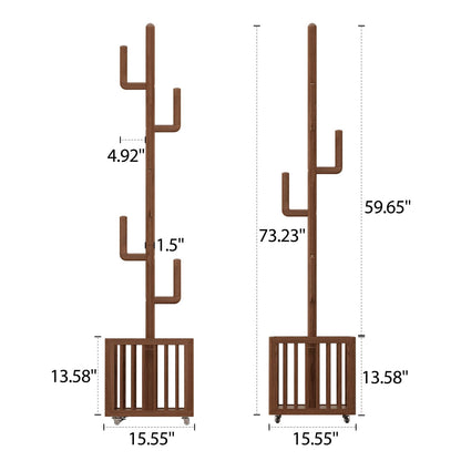 YQJJGL Solid Wood Cactus Coat Rack, Freestanding Coat Rack with 6 L-Shaped Hooks and Storage Basket, for Coats, Hats, Handbags, Coat Tree for Entryway, Bedroom, Living Room, Walnut