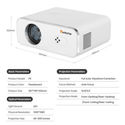 HUNKSTAR Mini Projector, 4K Support Projector with Wifi 6 and Bluetooth 5.2, 1000 ANIS Portable HD1080P Home Video Projector with Auto Focus, Suitable for Family Gatherings, Various Festivals (White)