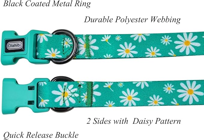 Dog Collar Leash Set, Floral Pattern, Polyester Material, Adjustable Collar and 5ft Matching Leash, for Small Dogs.(S, Green Daisy)