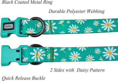 Dog Collar Leash Set, Floral Pattern, Polyester Material, Adjustable Collar and 5ft Matching Leash, for Small Dogs.(S, Green Daisy)