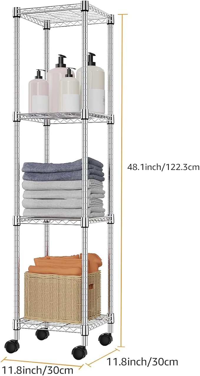 M MZG Storage Shelves Adjustable, 4 Tier Shelving Units for Storage with Wheels, Corrosion Resistant Wire Shelving Unit for Kitchen Closet Bathroom Office, Chrome 11.8" D x 11.8" W x 48.1" H