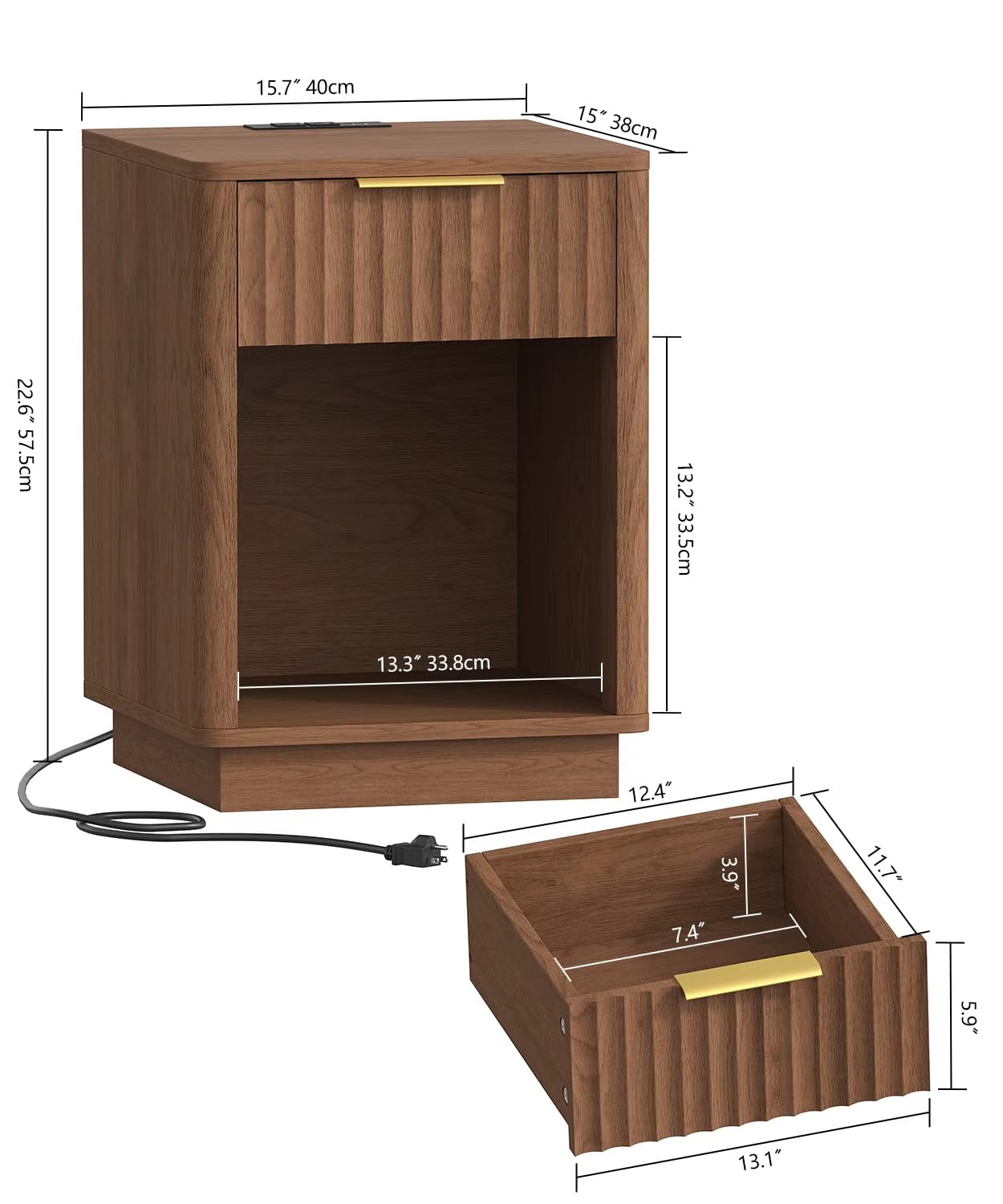 Akxomel Fluted Nightstands Set of 2, Wooden Night Stand with Charging Station and LED Light, Modern Mid Century End Table with Drawer, 15" D x 15.7" W x 22.6" H, for Bedroom, Walnut