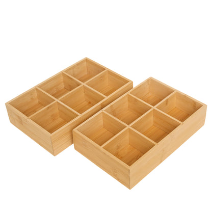 Ninebendstreams 2 Pack Bamboo Desk Organizer with Adjustable Dividers, Modular Wooden Storage Trays for Tea Bags, Snacks, Makeup Office Supplies Drawer Organizer Set for Home & Kitchen