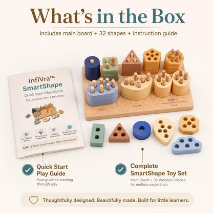 Infivra SmartShape — Montessori Wooden Shape Sorter with Cloud, Leaf & Infinity Shapes, Progressive 1-to-8 Peg Stacking Board for Toddlers 1-5, Fine Motor Learning Toy & Heirloom Gift