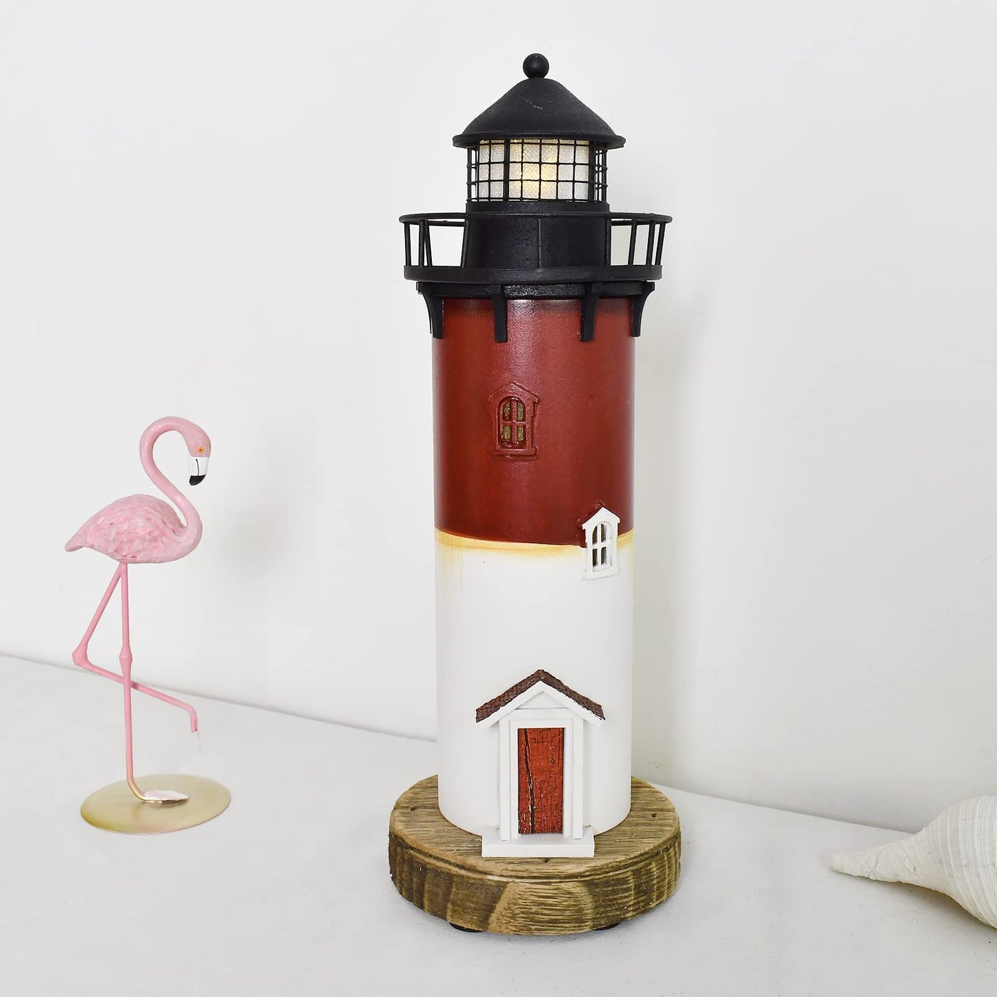 Linfevisi Wooden Lighthouse Decor with Light Tabletop Nautical Decor Solid Wood Light Houses Statue Figurines Inside Standing Coastal Beach Decorations Ocean Sea Theme Home Decor Bathroom 12.2 Inch