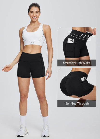 baleaf Gym Workout Shorts Women 3" Biker Yoga Spandex Running Volleyball Tummy Control Compression Short with Pockets Black XL