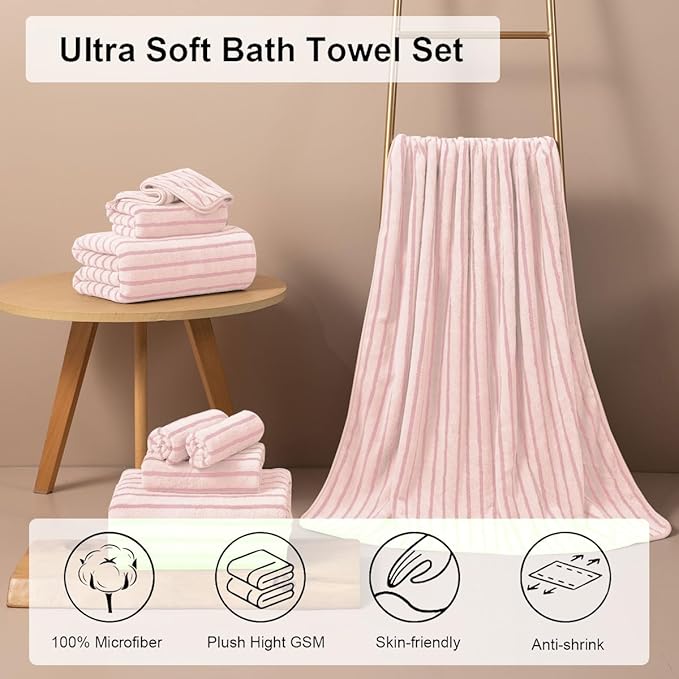 Oliven 8 Pcs Pink Cabana Stripe Large Bath Towels Set Oversized Bath Sheet-2