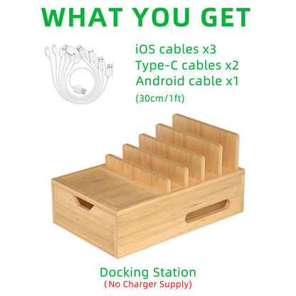 Bamboo Charging Station for Multiple Devices, Desk Charging Organizer with Drawer & Tray, Wood Docking Station Included 6 Cables, Compatible with iPhone Devices, Cell Phone, Tablet (No USB Charger)