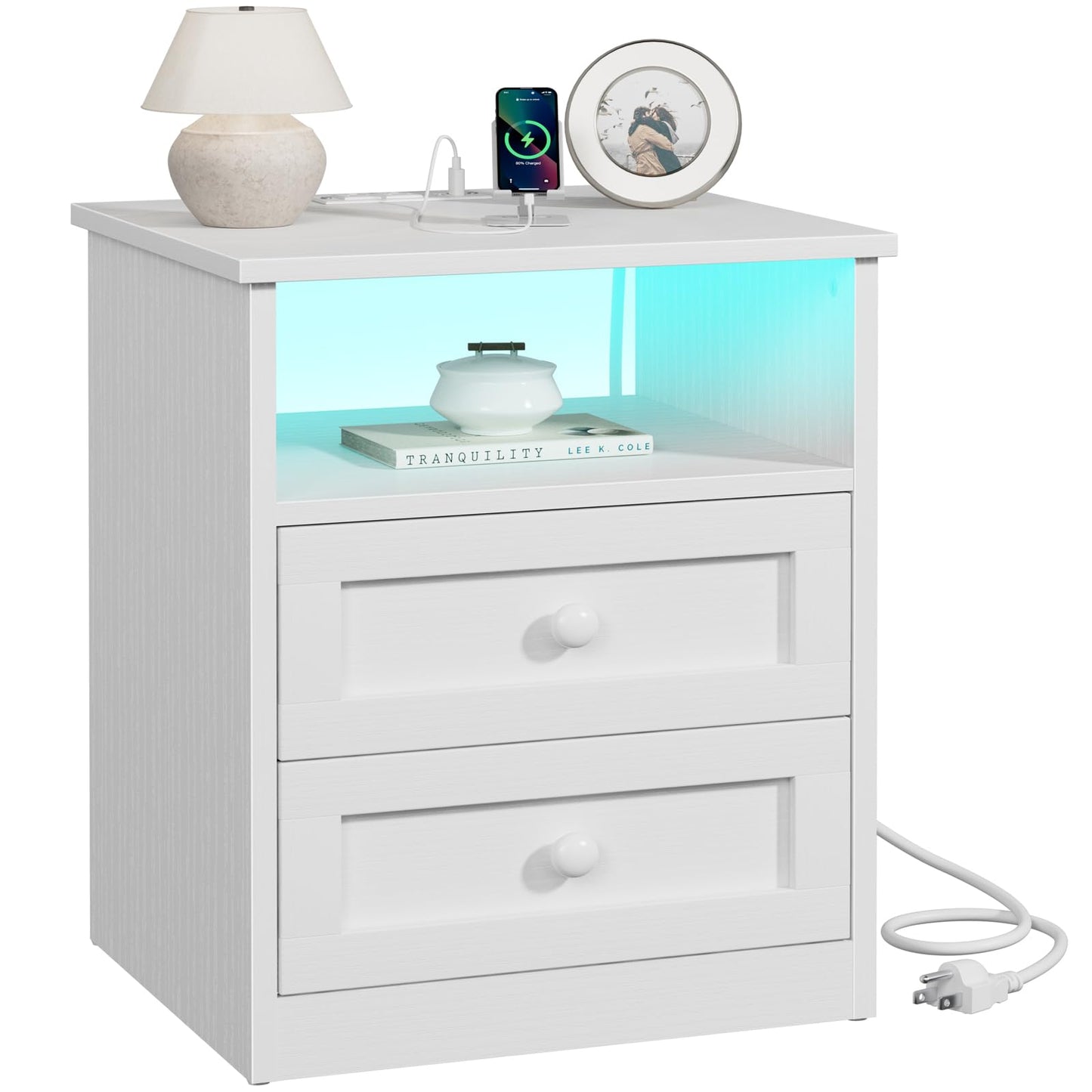 White Wooden Nightstand with Charging Station - Framhous Led Night Stand with 2 Drawers Modern Bedside Table for Bedroom Wood End Table with Lights and Storage