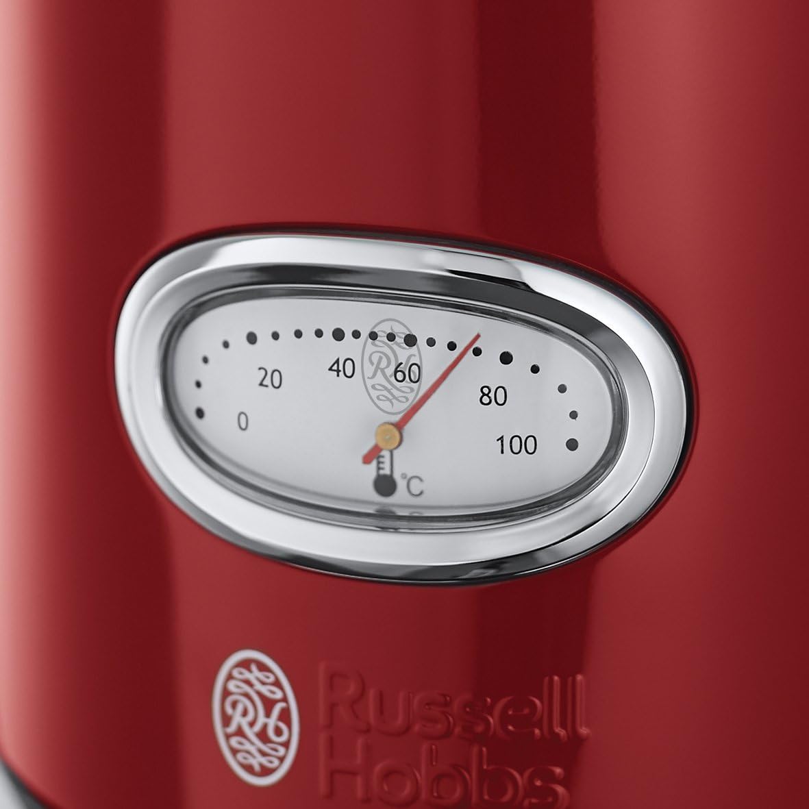 Russell Hobbs Kettle [1.7 L, 2400 W] Retro Red & Polished Stainless Steel (Quick Boil Function, Water Temperature Display in Retro Design, External Water Level Indicator) Vintage Tea Maker 21670-70