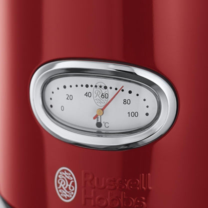 Russell Hobbs Kettle [1.7 L, 2400 W] Retro Red & Polished Stainless Steel (Quick Boil Function, Water Temperature Display in Retro Design, External Water Level Indicator) Vintage Tea Maker 21670-70