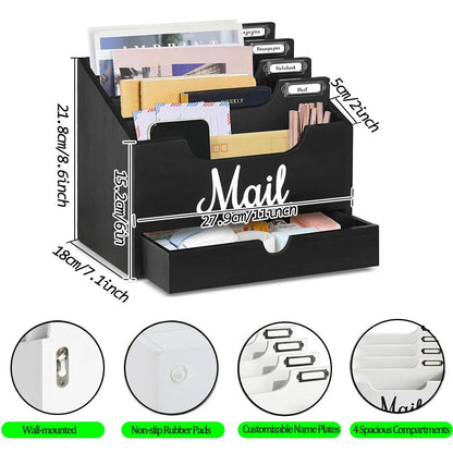 Niciksty Wood Desktop Mail Organizer, Mail Organizer Countertop with 4 Compartments and Drawer, Wood Mail Holder Sorter Organizer Holder for File Letter Paper Folder, Black Wooden Desk Organizer