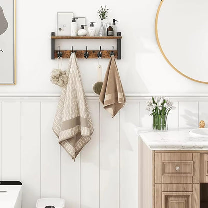 Morphesa Wall Mounted Coat Rack with Shelf, Wooden Entryway Shelf with 5 Metal Hooks, Rustic Wall Coat Rack for Jackets, Hats, Bags & Keys