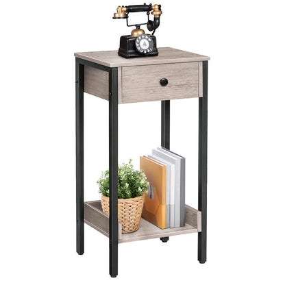 HOOBRO Tall End Table, Nightstand, Industrial Side Table with Drawer and Storage Shelf, for Study, Bedroom, Space Saving, Greige and Black BG71BZ01