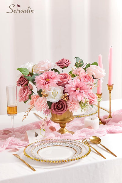 Serwalin Artificial Flowers Wedding Pink Flowers Silk Fake Dahlia Cake Flowers for Wedding Bouquets Table Centerpieces Birthday Party Bridal Baby Shower Home Decorations
