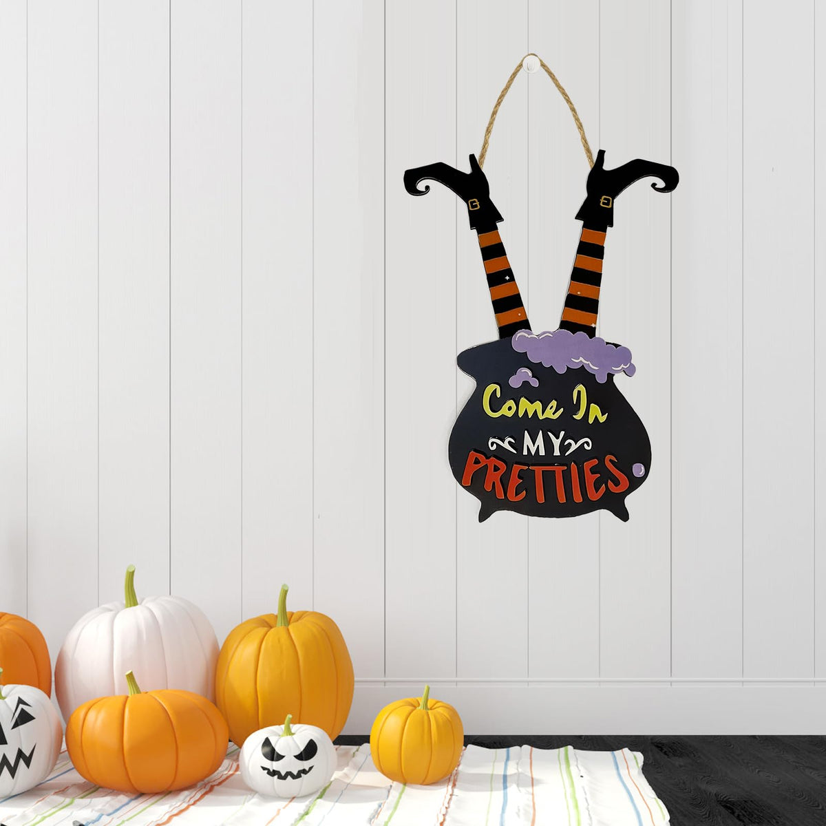 Witch Legs & Cauldron Wooden Sign Come In My Pretties Halloween Decor Hanging Wall Art for Front Door and Haunted House