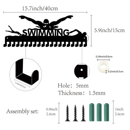 CREATCABIN Swimming Medal Holder Hanger Medals Hooks Sports Awards Display Rack Race Ribbons Organizer Black Metal Case Frame with 20 Hooks for Hanging Over 20 Medals Swimmer Medalist 15.7 x 5.9 Inch