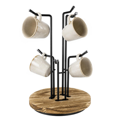 Skdqiee 360° Rotating Mug Tree, 2-Tier Countertop Coffee Mug Holder with Weighted Wooden Base, Metal Cup Hook Rack for Kitchen Coffee Bar & Home Decor